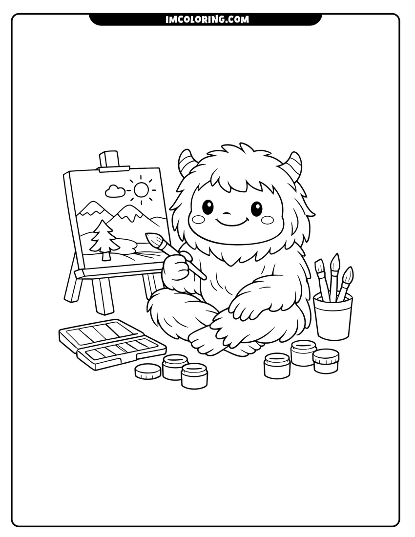 Kids activity sheet showing Adorable fluffy Yeti painting on an easel in forest