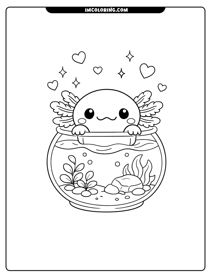 Printable outline of Axolotl peeking out of a glass fishbowl