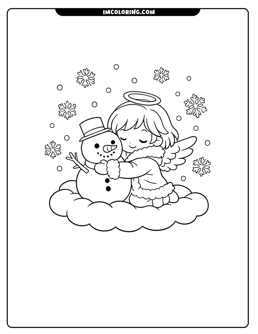Kawaii style Cute angel in a coat hugging a cloud snowman coloring picture