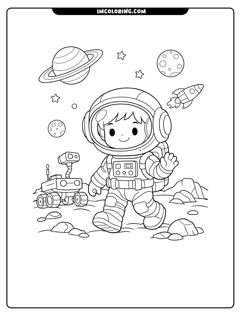 Kawaii style Cute astronaut walking on a planet with a rover coloring picture