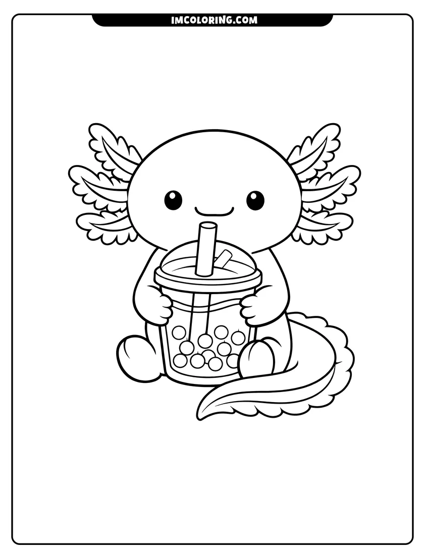 Kawaii style Cute axolotl holding a cup of boba tea coloring picture