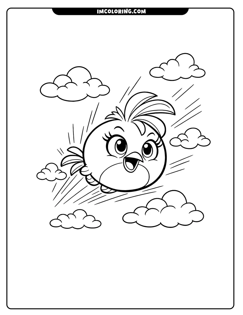 Black and white Stella soaring through clouds with motion streaks coloring sheet