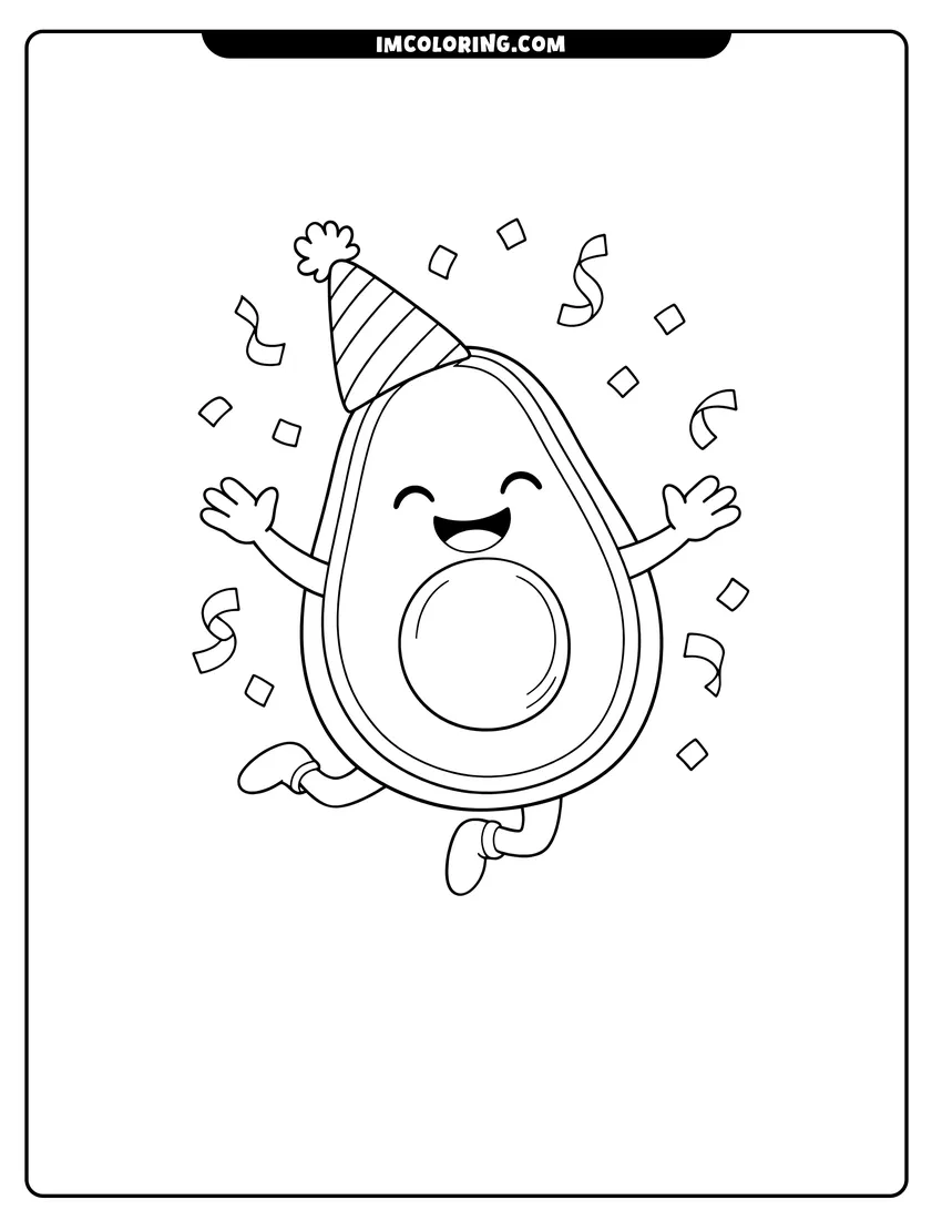 Simple line drawing of Dancing avocado character wearing a party hat with confetti