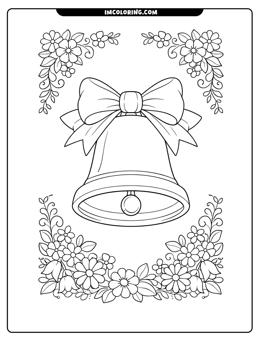 Coloring sheet of Large bell with a puffy bow and floral border for kids