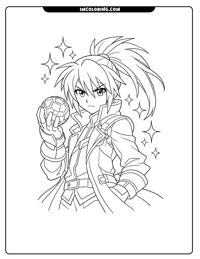 Illustration of Shun Kazami with ponytail holding Bakugan ready for painting