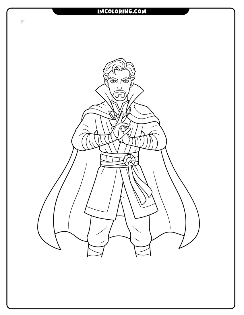 Simple sketch of Doctor Strange in Cloak of Levitation making spell gesture for children