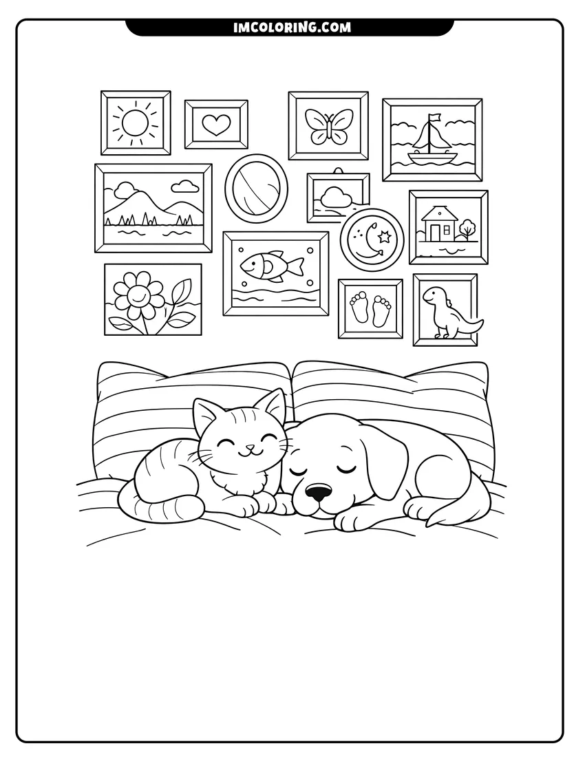 Simple sketch of Dog and cat resting on a bed with art for children