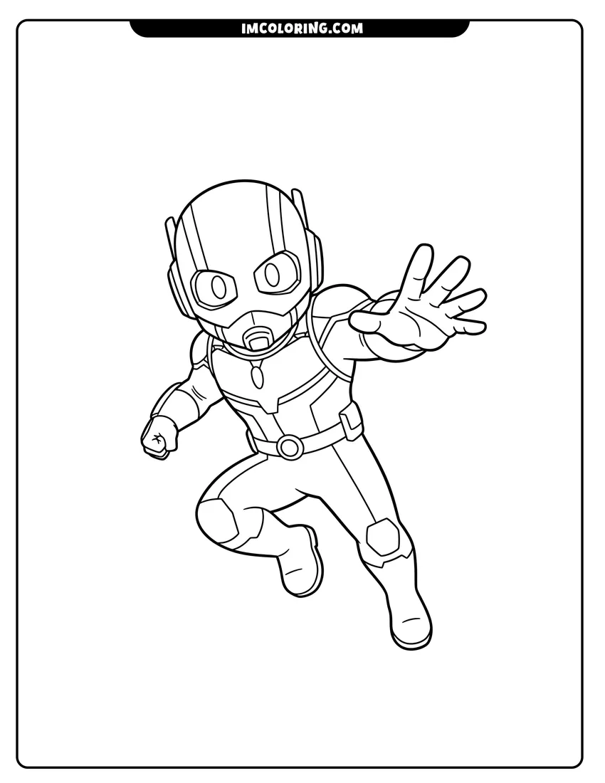 Kids activity sheet showing Ant-Man leaping forward in intricate armor with simple border