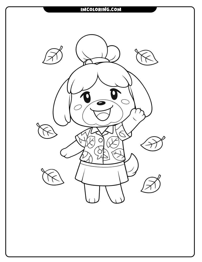 Simple line drawing of Simple Isabelle the dog waving with floating leaves