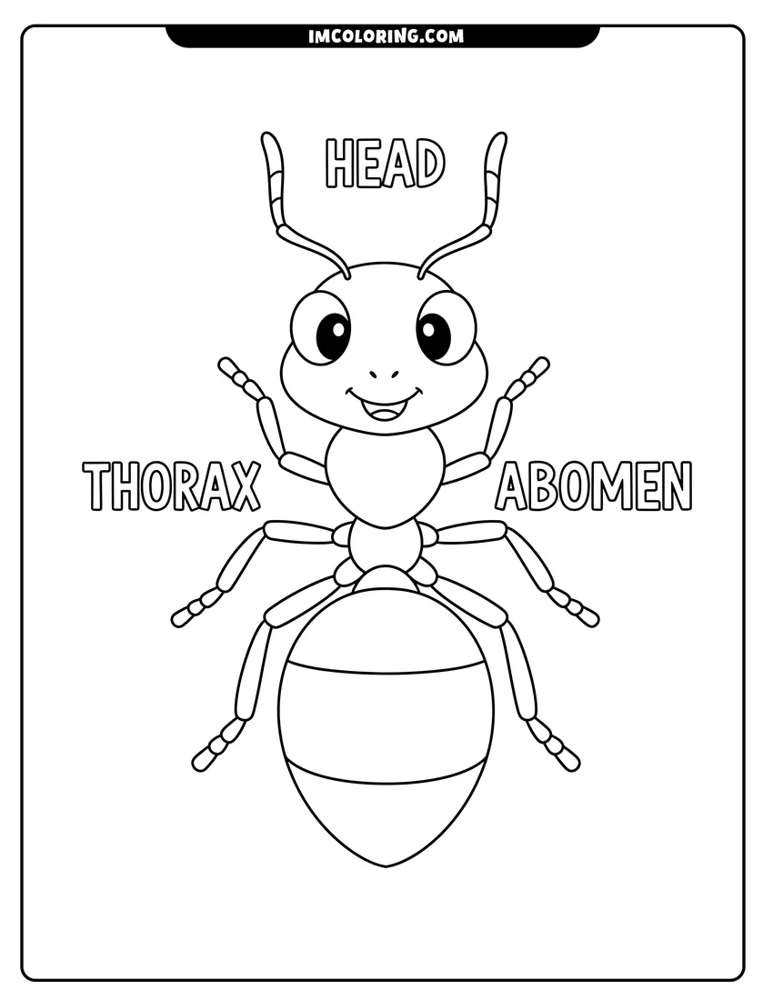 Simple sketch of Diagram of an ant with head and thorax labels for children