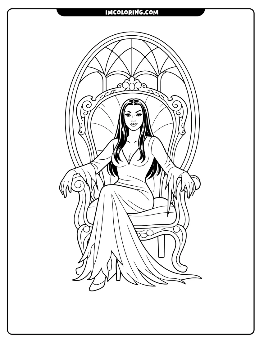 Scene showing Morticia Addams sitting on an ornate chair by a window to color