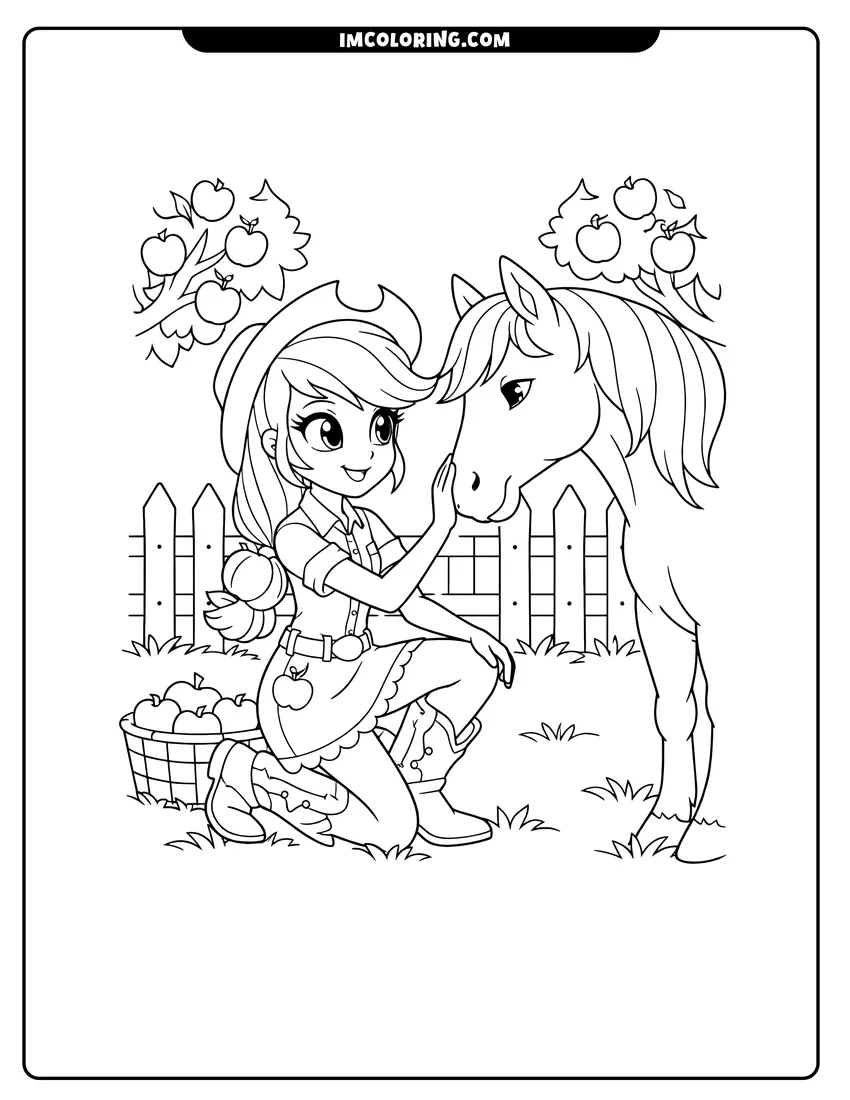 Black and white Equestria Girls Applejack kneeling to pet a horse coloring sheet