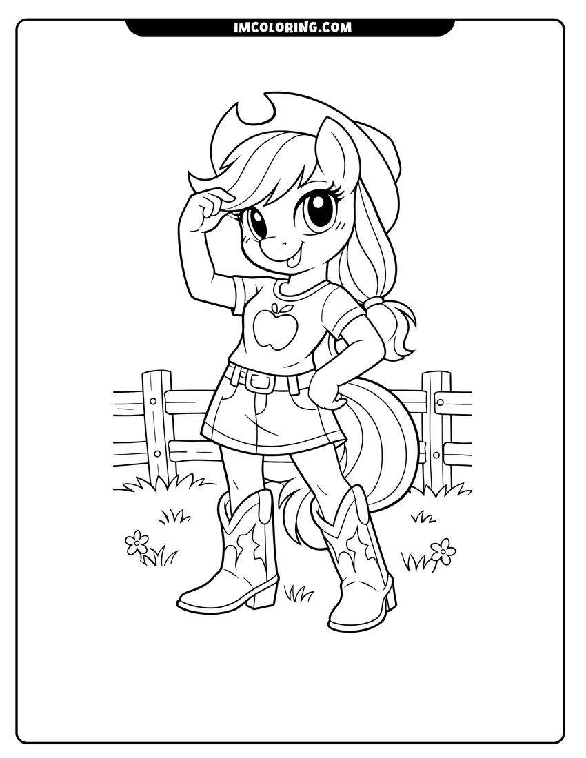 Outline of Equestria Girls Applejack tipping her cowboy hat in a field on a white background