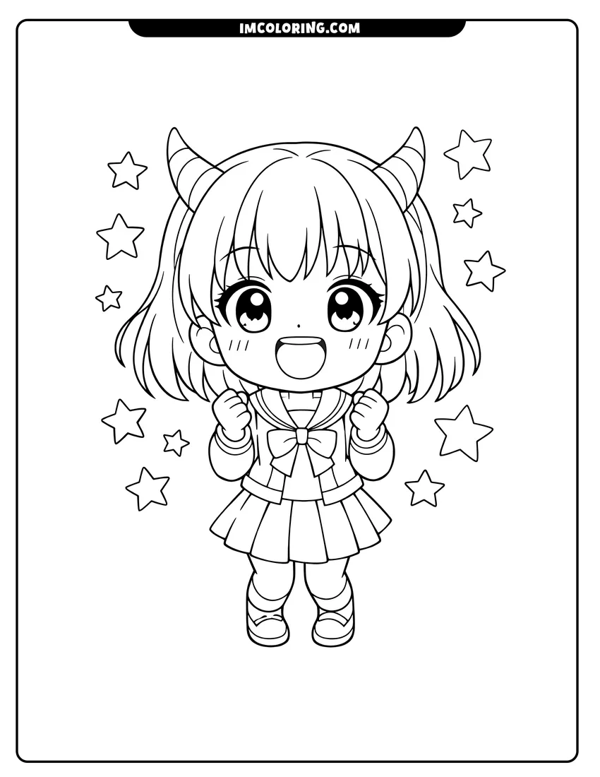 Line art depicting Excited chibi anime girl cheering with fists clenched