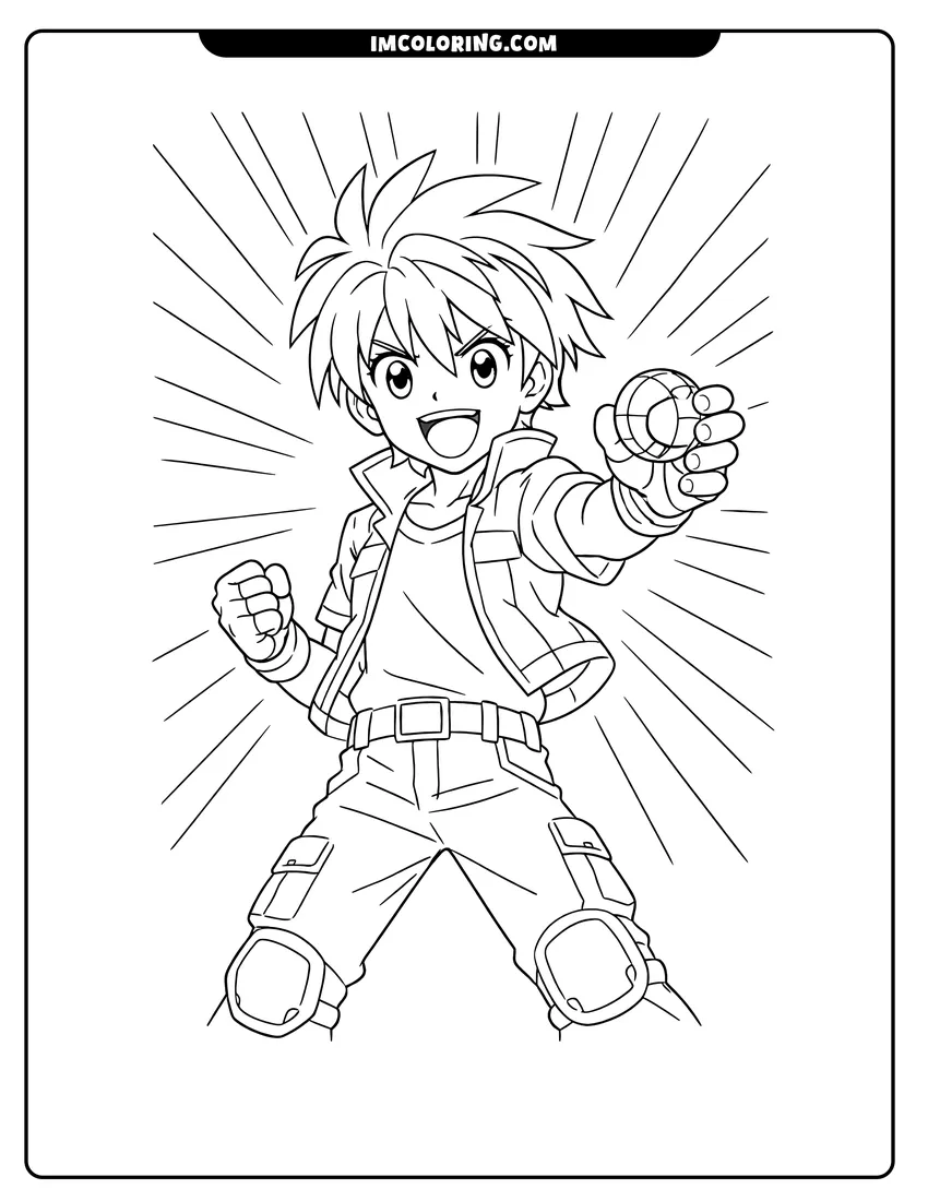 Simple sketch of Dan Kuso with spiky hair holding sphere for children