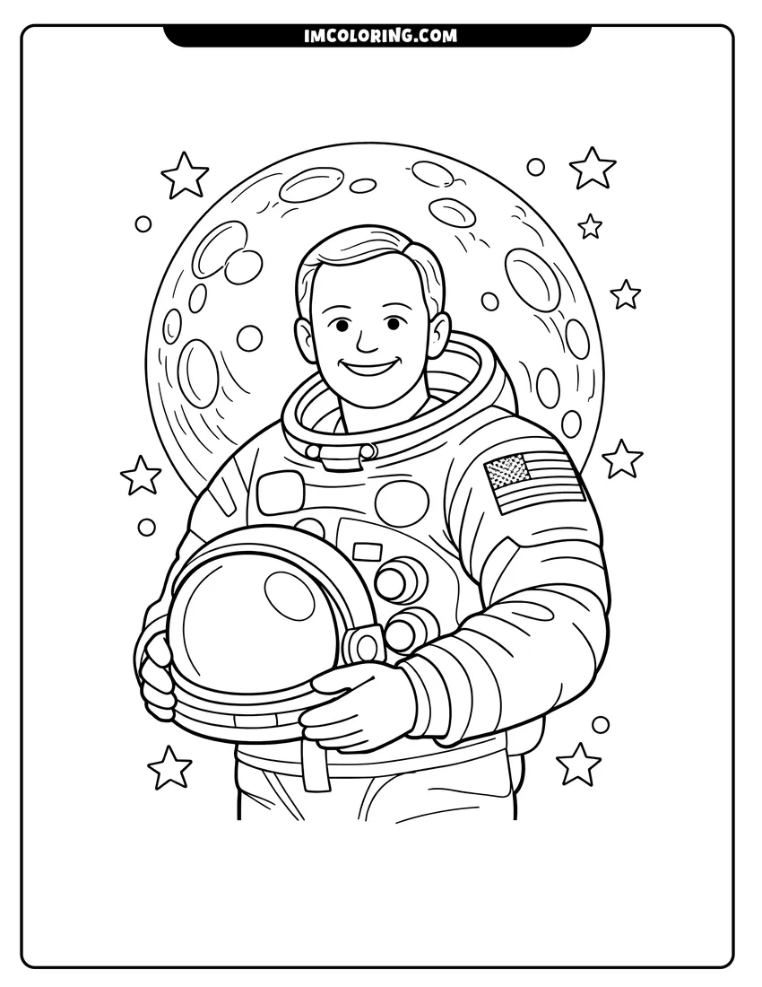 Easy-to-color Neil Armstrong in spacesuit on the moon illustration