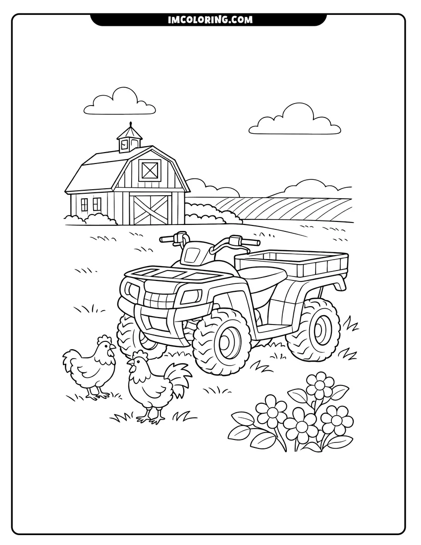 Detailed Farm utility vehicle parked near a barn design for coloring