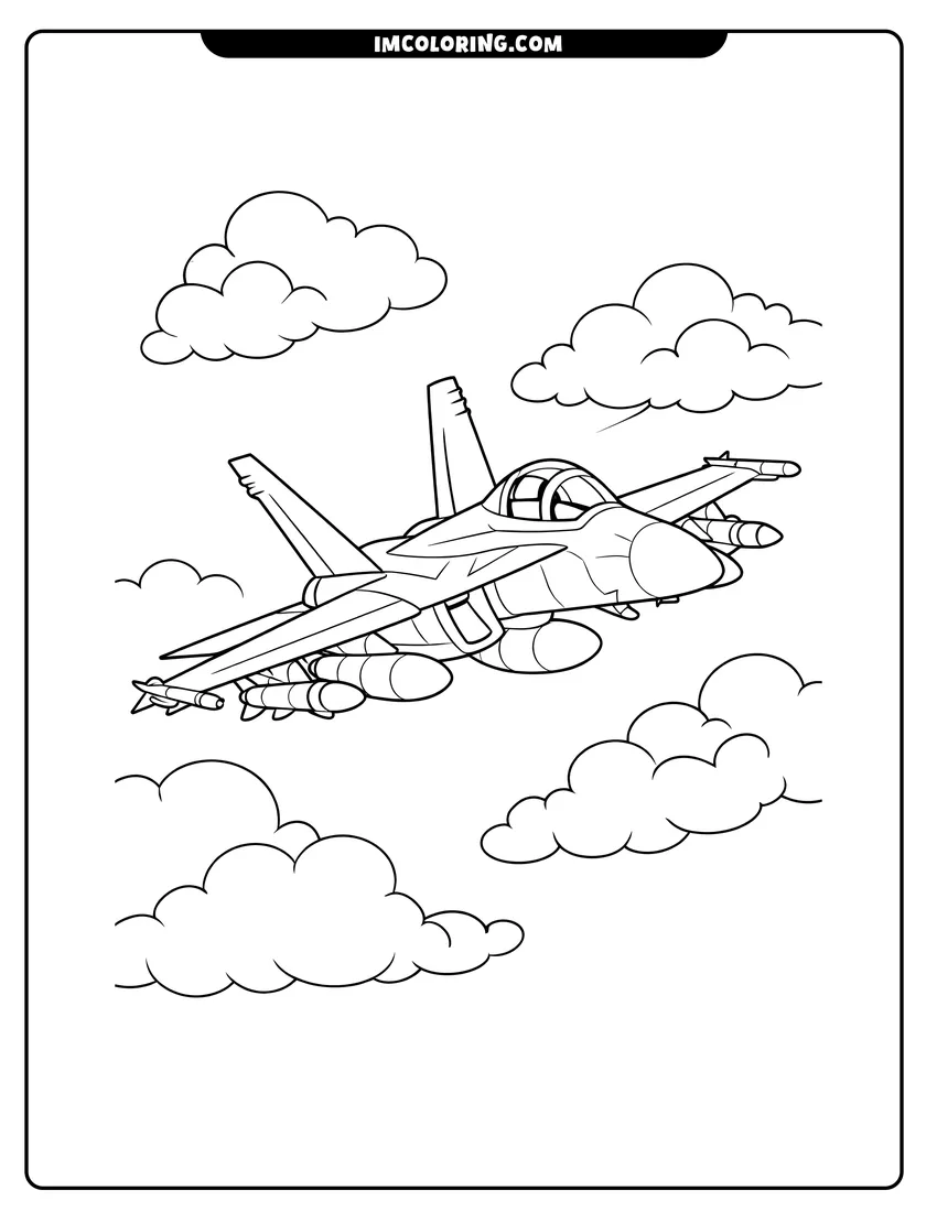 F-18 fighter jet airplane flying through puffy clouds drawing meant for coloring