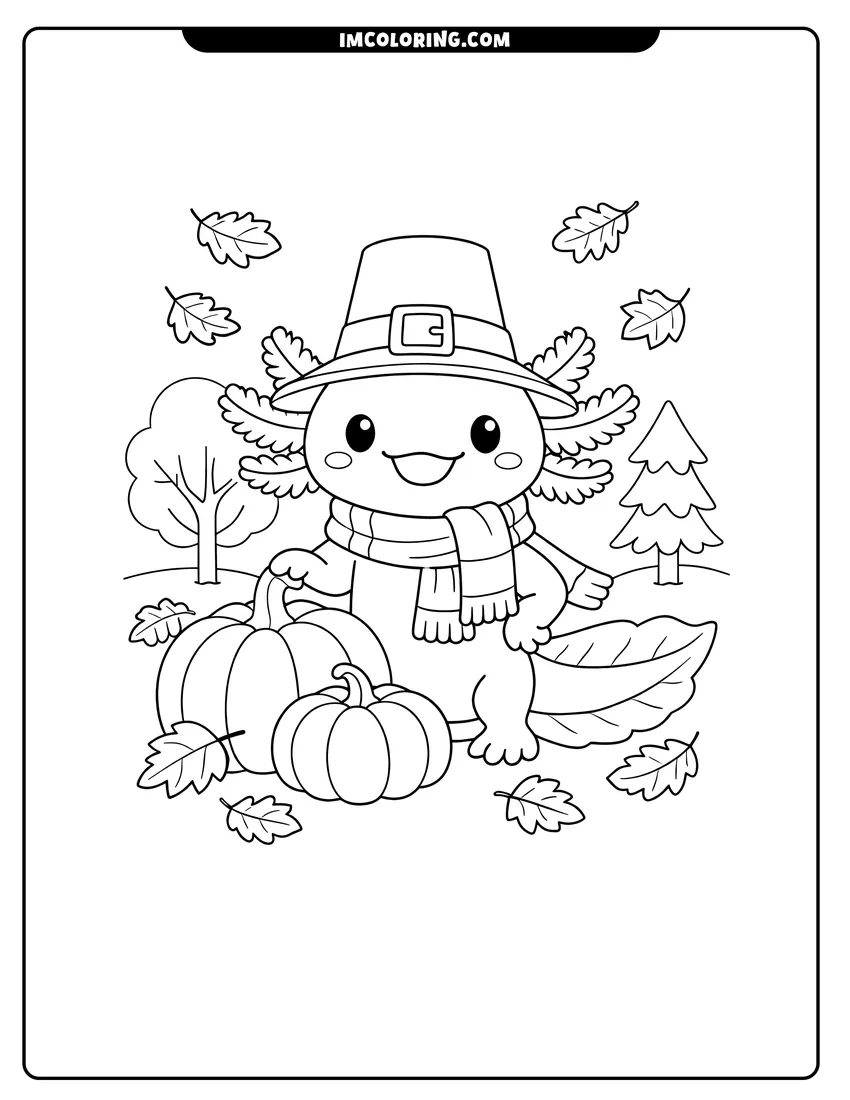 Kids activity sheet showing Axolotl wearing a pilgrim hat in a pumpkin patch