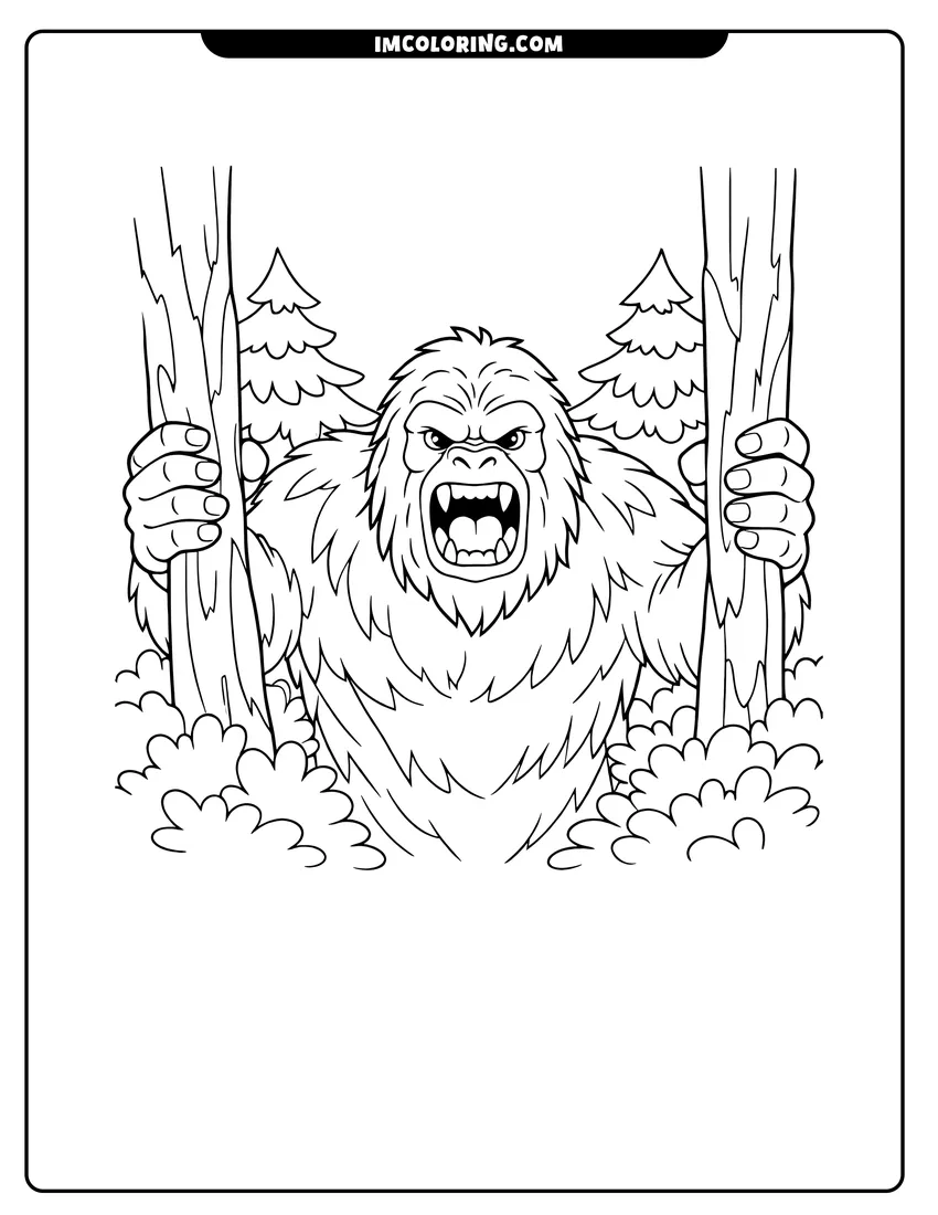 Cute Fierce Bigfoot Yeti roaring while emerging from dense forest outline for coloring