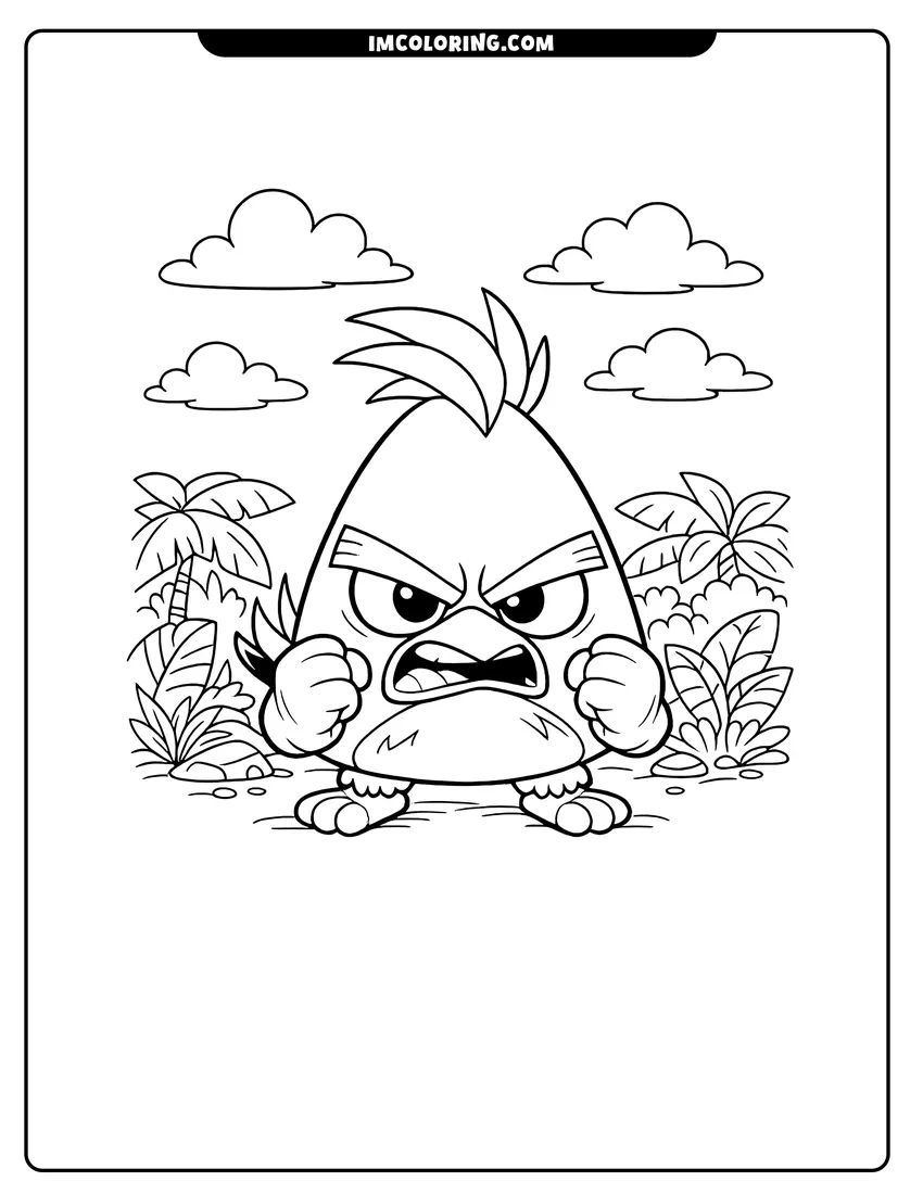 Chibi style Chuck standing in a lush jungle setting coloring page for preschoolers
