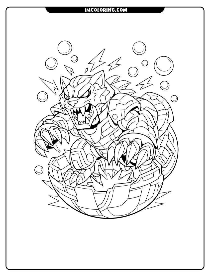 Kawaii style Robotic tiger Bakugan emerging from spherical form coloring picture