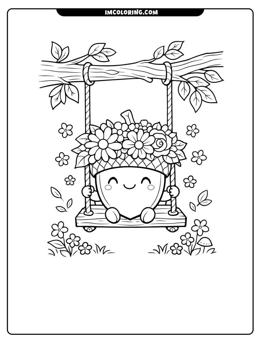 Cute Acorn wearing a flower crown on a swing outline for coloring