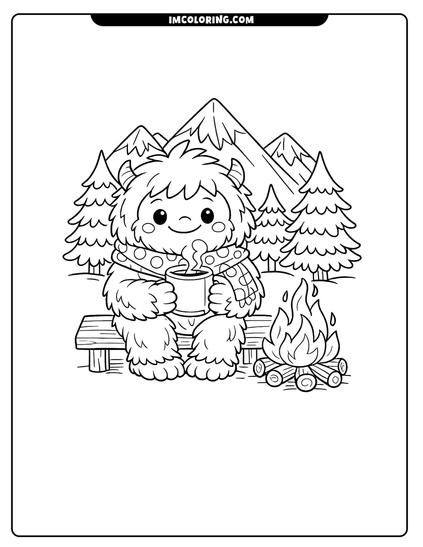 Black and white Fluffy Yeti wearing scarf holding mug next to bonfire coloring sheet