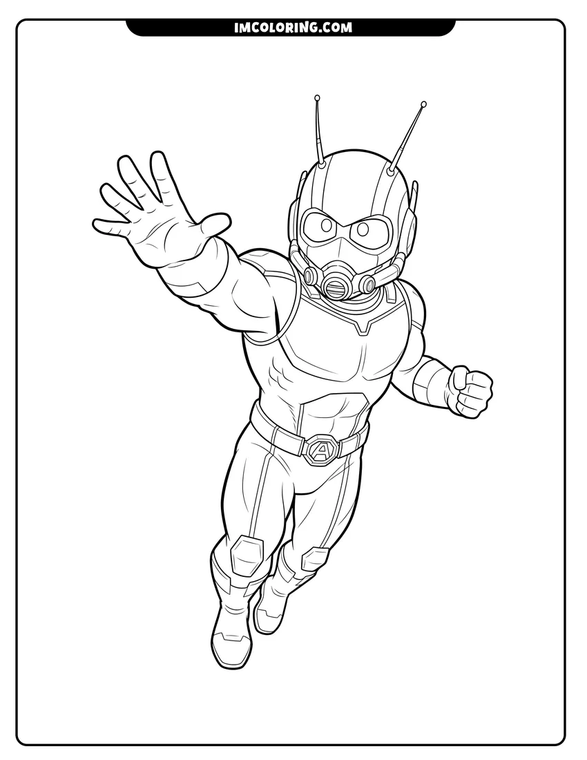 Kawaii style Ant-Man flying forward with outstretched hand and antennae coloring picture