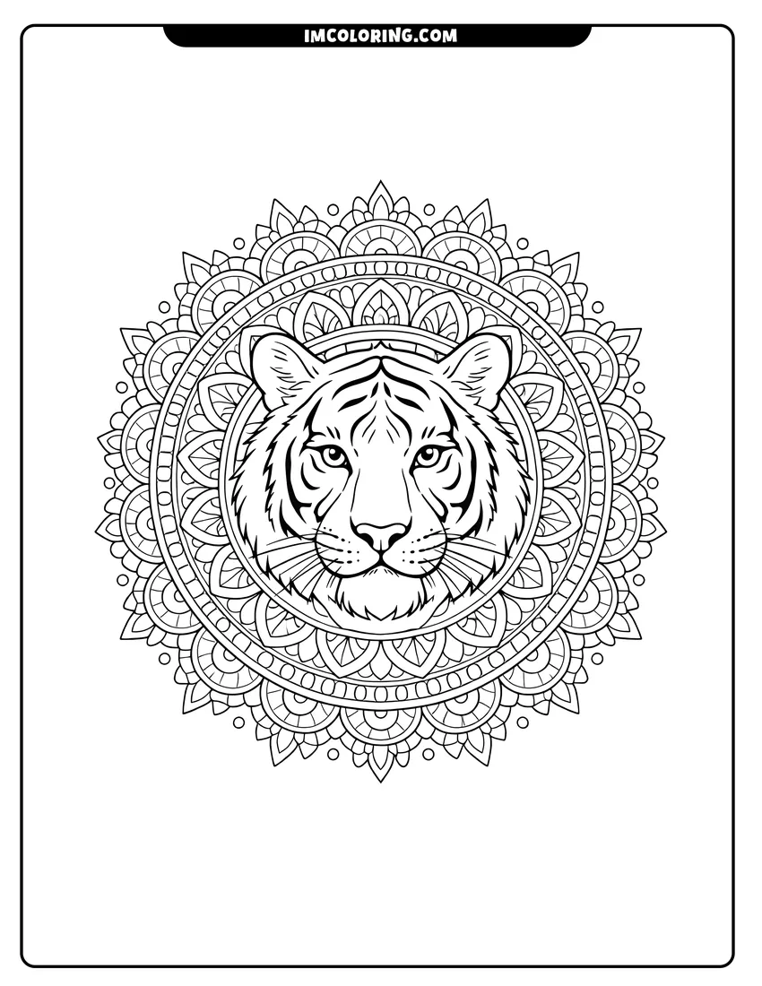 Outline of Realistic tiger head centered inside a detailed circular mandala on a white background