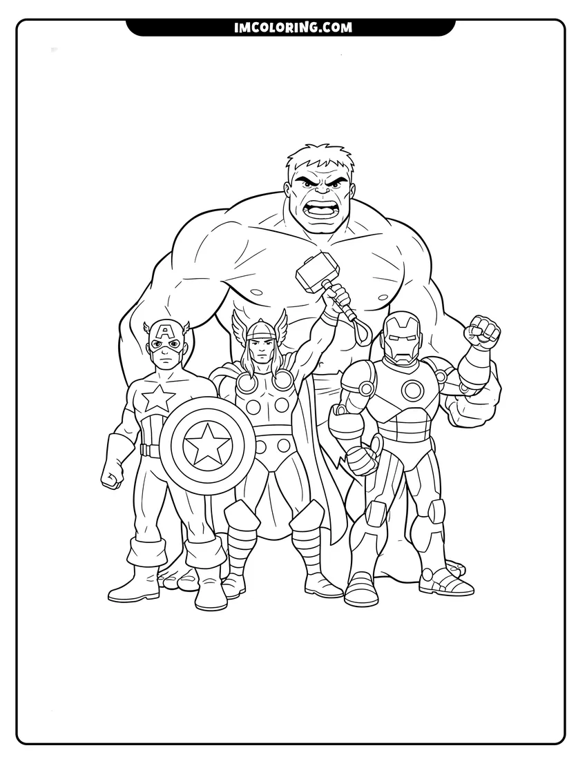 Black and white Captain America, Thor, Iron Man, and Hulk group coloring sheet