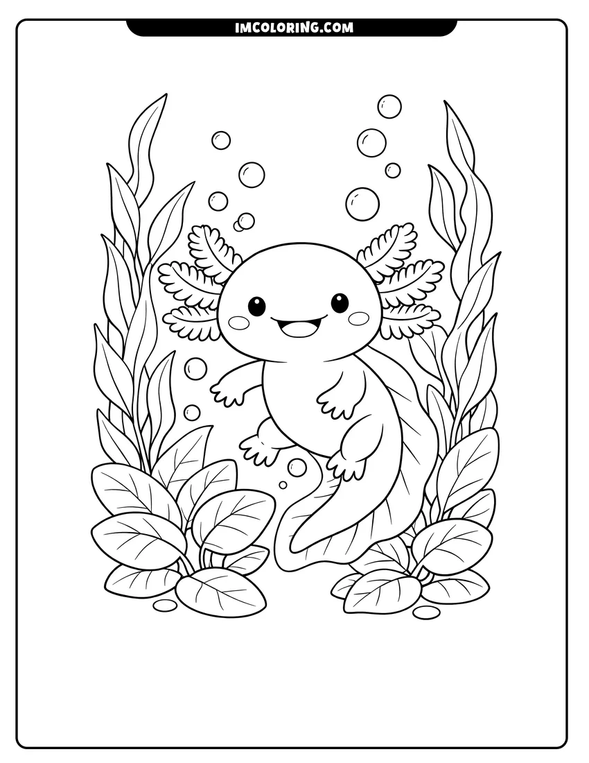 Printable Friendly axolotl swimming through dense seaweed and bubbles coloring activity