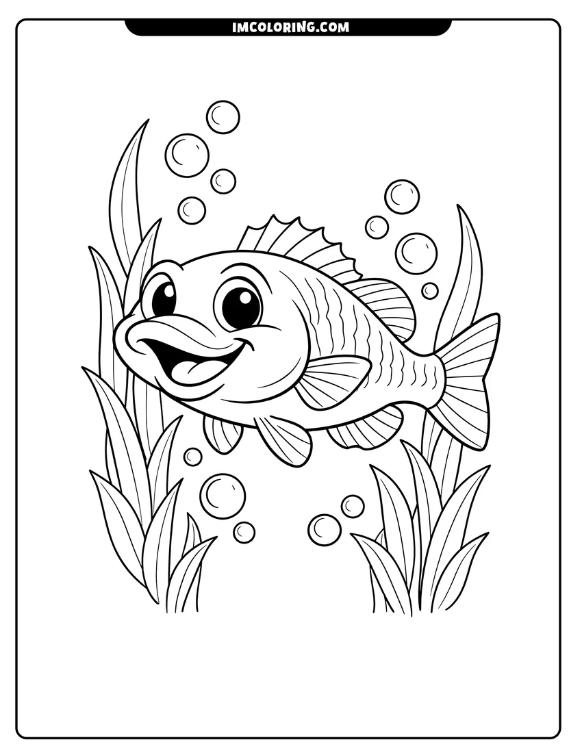 Printable Friendly bass swimming through tall underwater reeds coloring activity