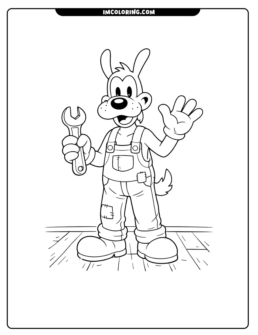Black and white Boris the Wolf waving and holding a large wrench coloring sheet