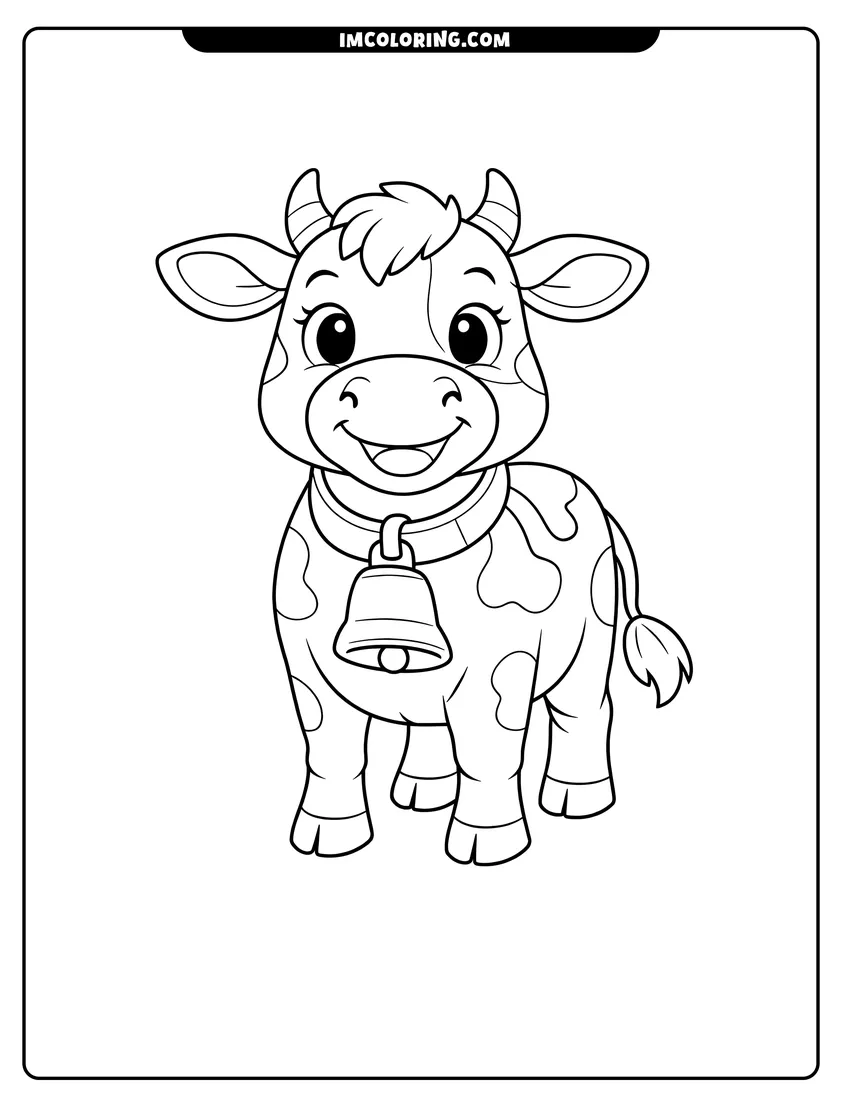 Simple line drawing of Friendly cartoon cow wearing a large traditional bell