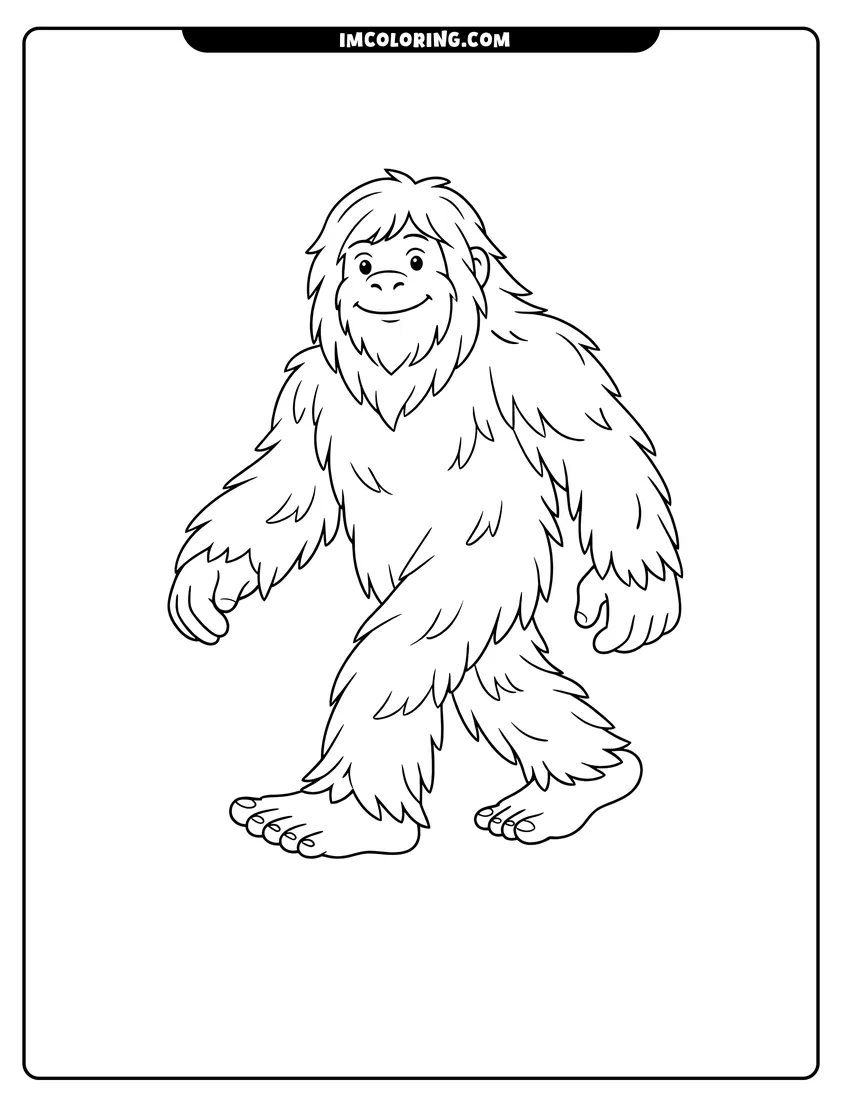 Easy-to-color Friendly smiling Bigfoot Yeti walking forward on plain background illustration
