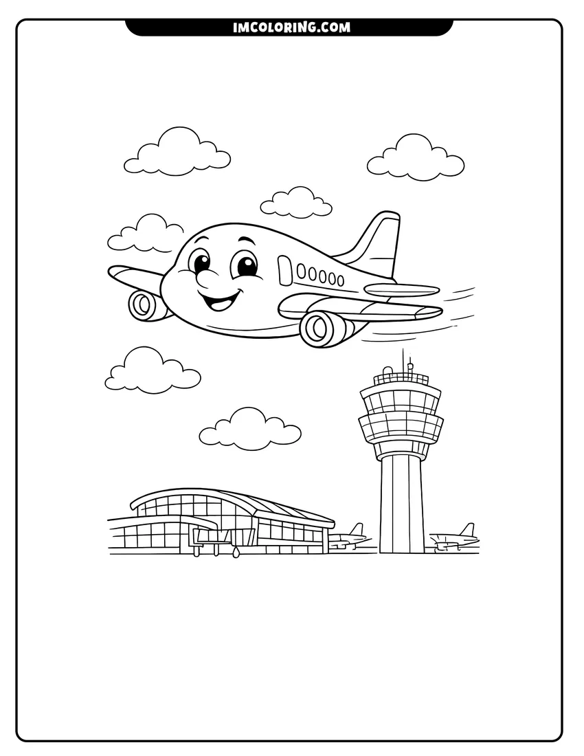 Illustration of Friendly cartoon passenger jet airplane with a smiling face ready for painting