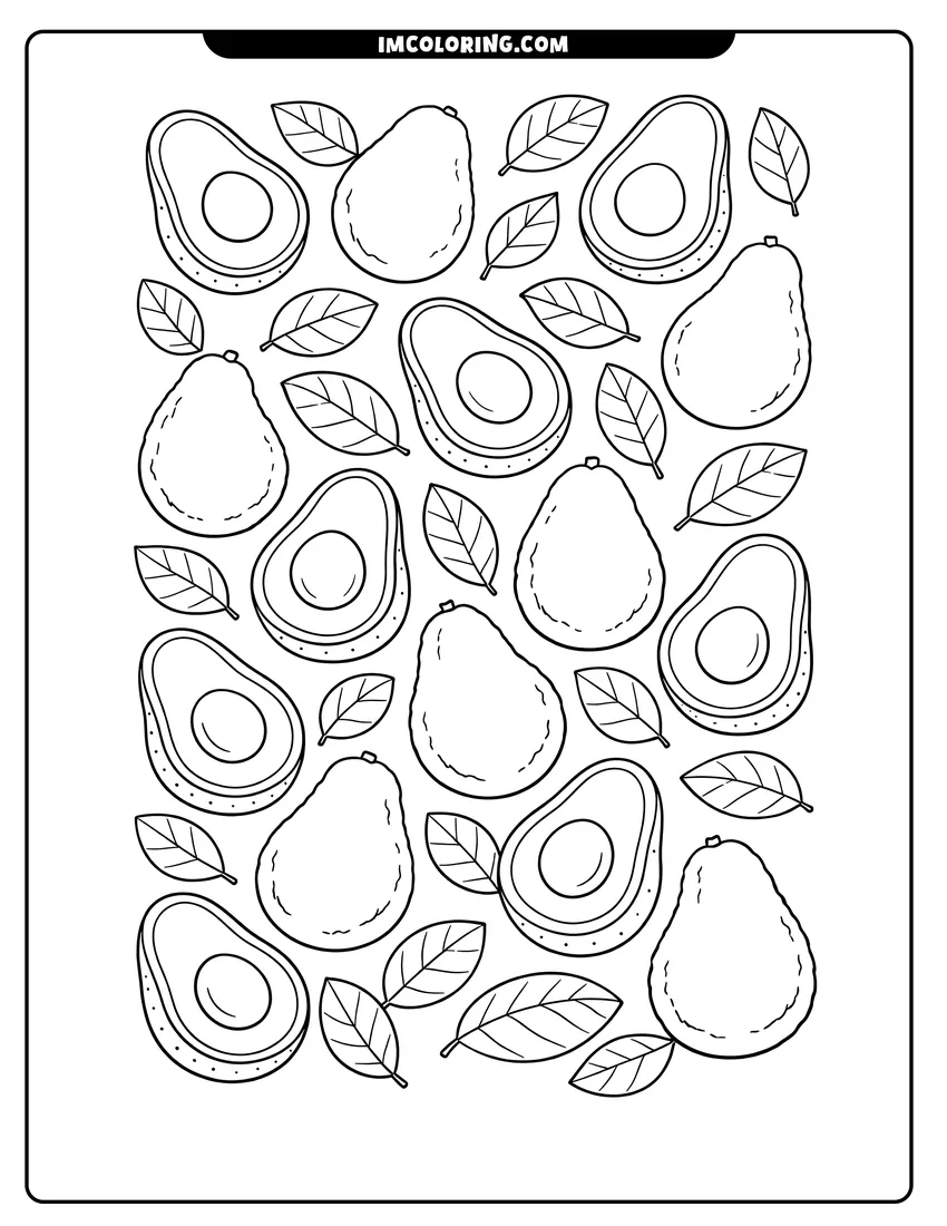 Illustration of Repeating pattern of avocados and leaves on a page ready for painting