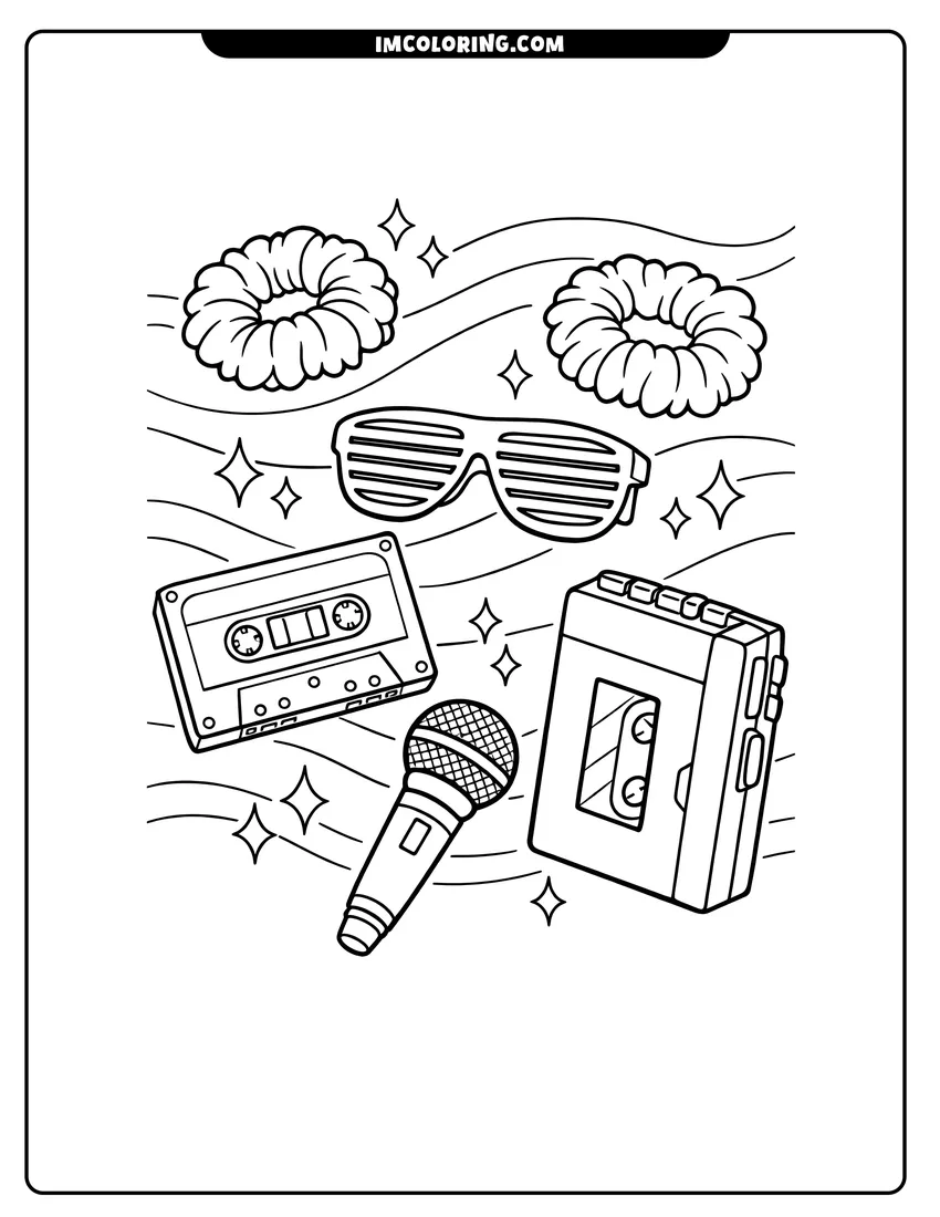 Easy-to-color Retro 80S scrunchies sunglasses cassette tape and walkman illustration