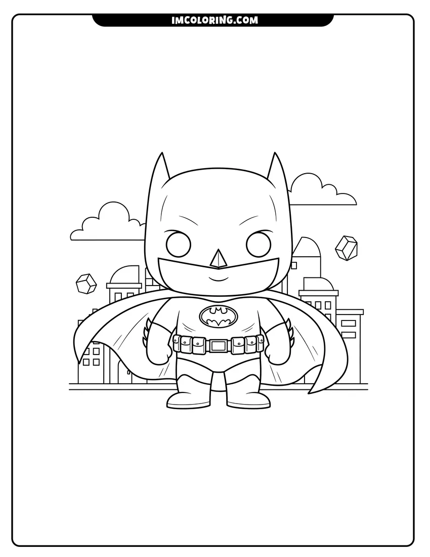 Detailed Funko Pop style Batman standing in front of buildings design for coloring