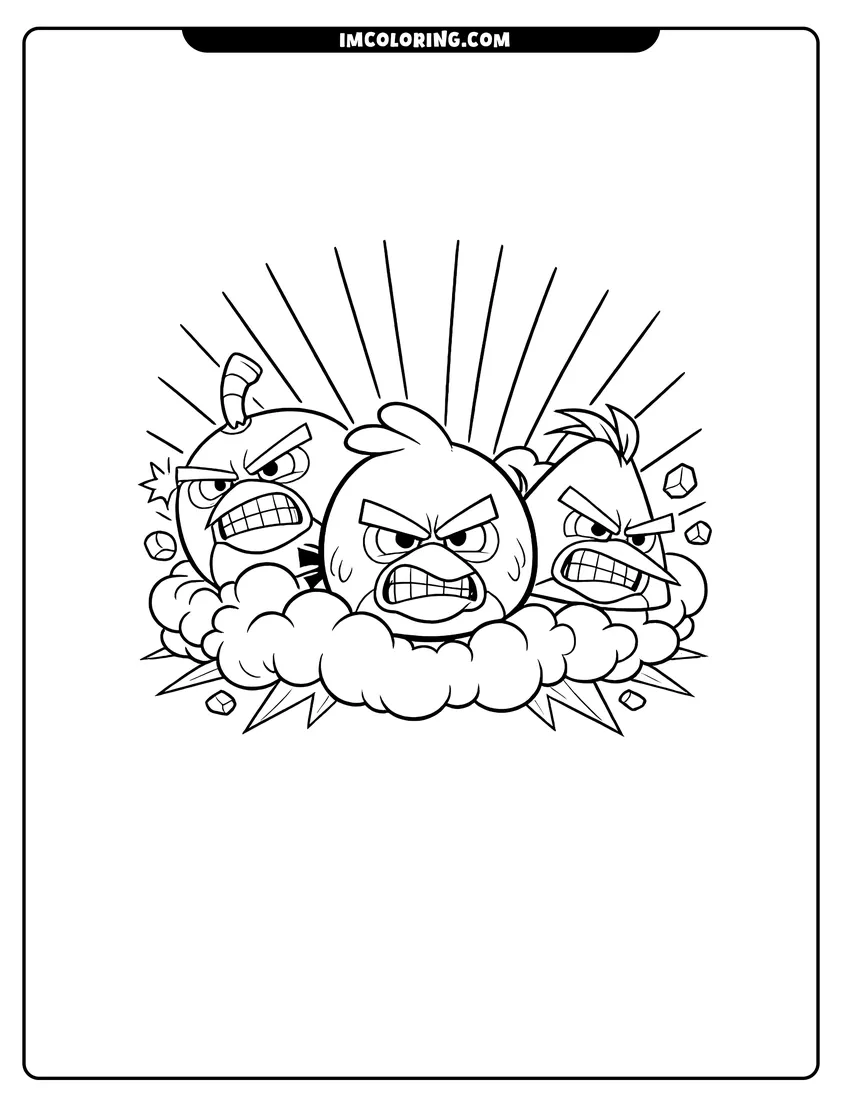 Line art depicting Red Bomb and Chuck bursting through a smoke cloud