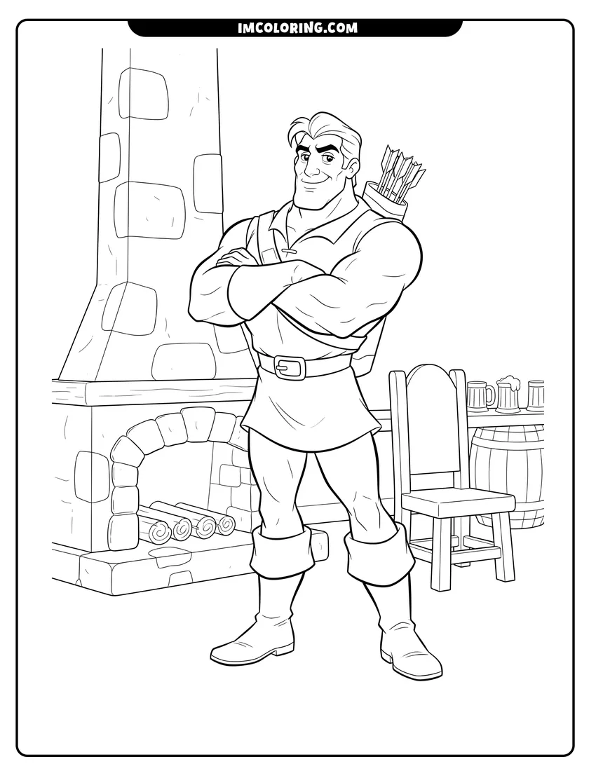 Outline of Gaston standing with arms crossed inside a rustic tavern on a white background