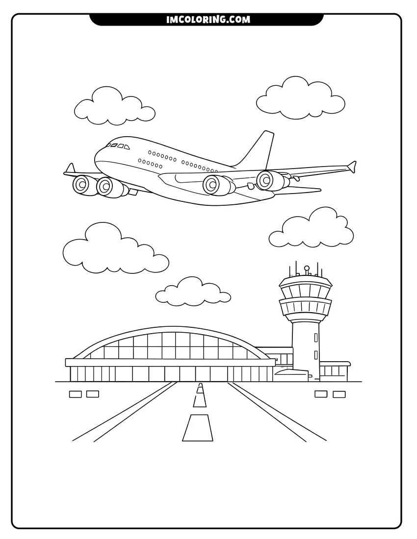 Large double-decker passenger airplane flying through fluffy clouds drawing meant for coloring
