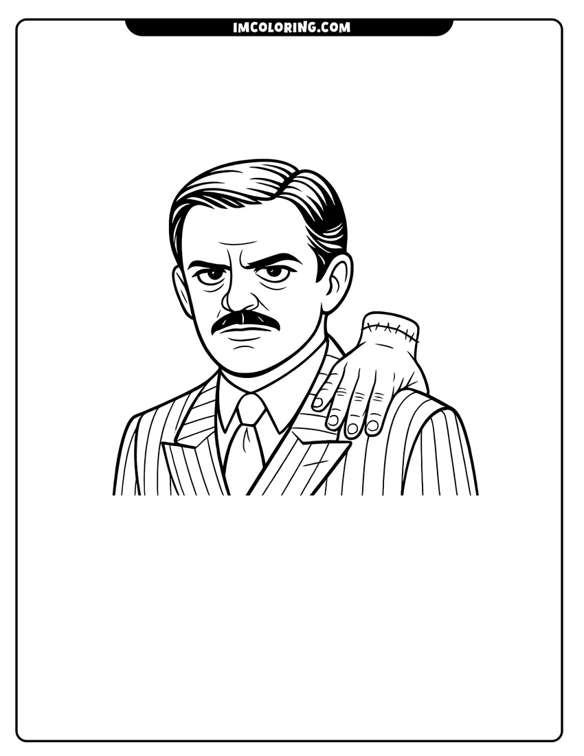Black and white Gomez Addams in a pinstripe suit with Thing on shoulder coloring sheet