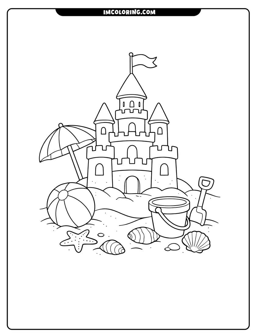 Scene showing Multi-tiered sand castle with umbrella and beach ball to color