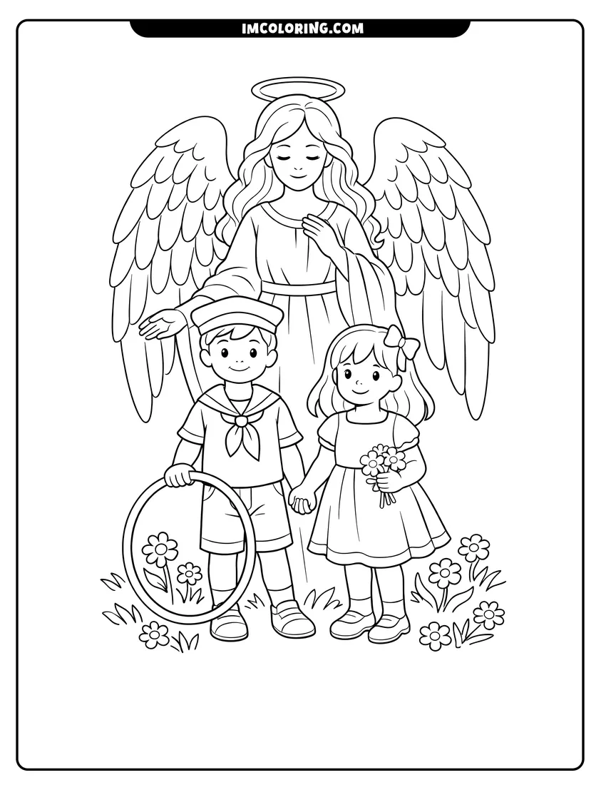 Detailed Guardian angel watching over two children in a field design for coloring