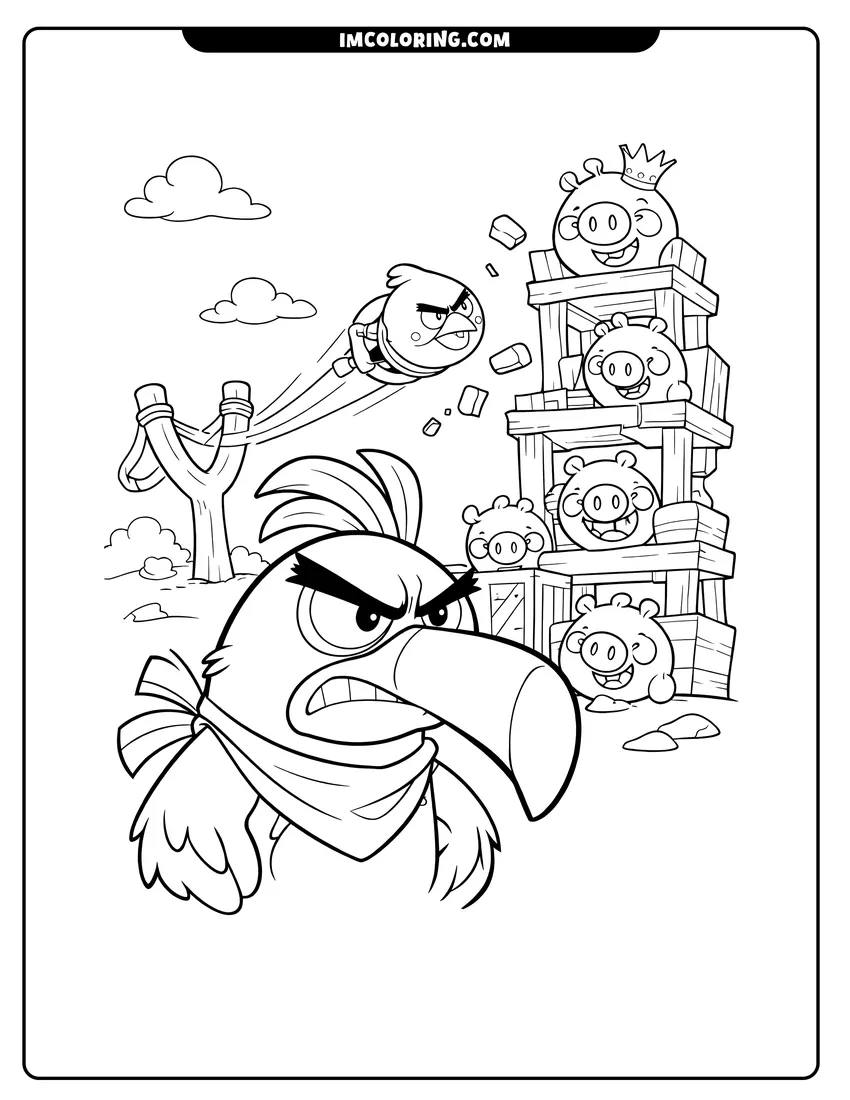 Illustration of Hal watching Red launch from a slingshot at pigs ready for painting