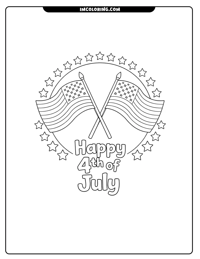 Scene showing Two crossed American flags inside a star frame to color