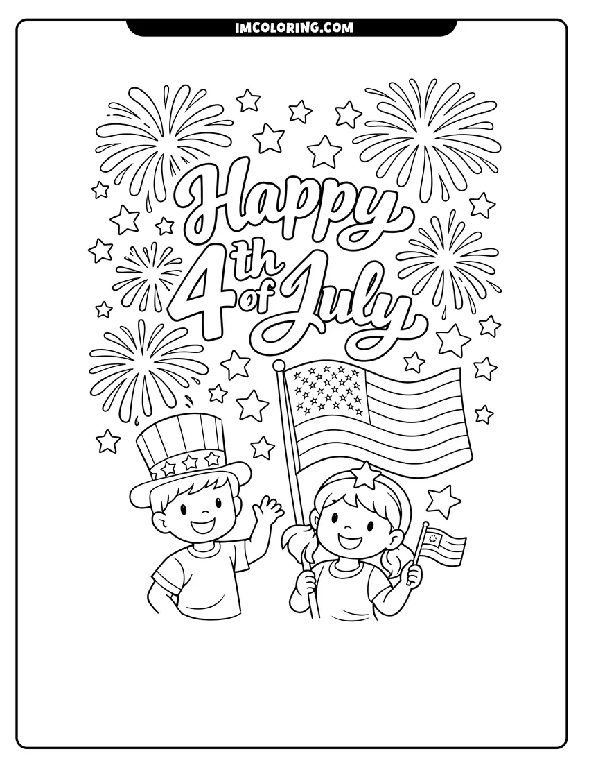 Outline of Happy 4th of July script with American flag and fireworks on a white background