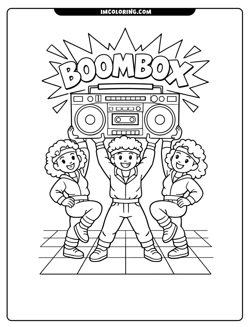 Detailed 80S dancers lifting a large boombox design for coloring
